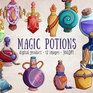 Peut inclure: Douze illustrations numériques de différentes fioles de potion magique dans différentes formes et couleurs. Les fioles sont décorées de détails complexes et ont un style fantaisiste et fantastique.