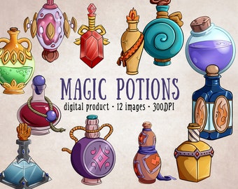 Magical Potions Clipart, Printable Witchy Scrapbooking, Magic Bottles and Potions Clipart, Fantasy Spell Potions Digital Clipart Set