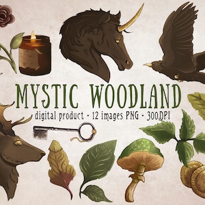 Dark Woodland Clipart, Occult Forest Clipart, Witchy Forest Scrapbooking, Botanical Mystic Clipart, Raven, Unicorn, Candle Clipart Set