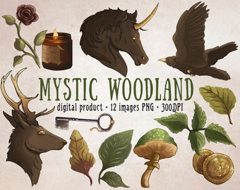 Dark Woodland Clipart, Occult Forest Clipart, Witchy Forest Scrapbooking, Botanical Mystic Clipart, Raven, Unicorn, Candle Clipart Set