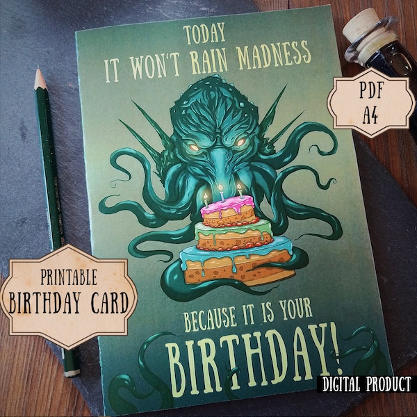 Cthulhu Birthday Card, Lovecraft Birthday Card, Nerdy Birthday Card Printable, Geek Humor Card, Occult Birthday Card, Birthday Horror Card