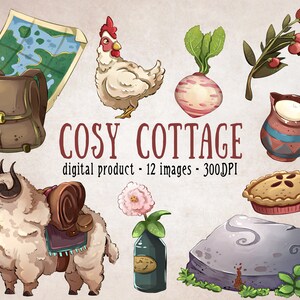 Cosy Cottage Clipart, Cottage Core Aesthetic Stickers, Cute Nature Clipart, Whimsical Clipart, Cute Digital Stickers, Cottagecore Printables image 1