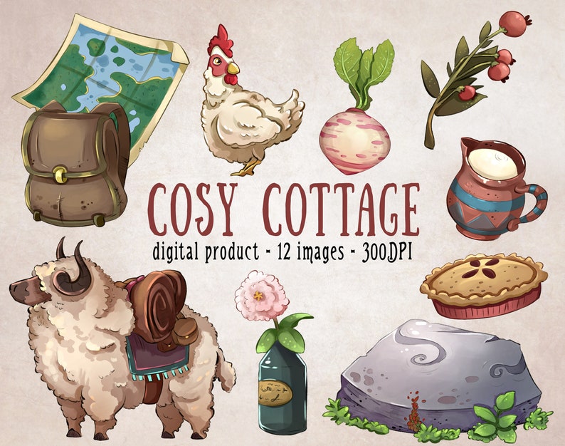 Cosy Cottage Clipart, Cottage Core Aesthetic Stickers, Cute Nature Clipart, Whimsical Clipart, Cute Digital Stickers, Cottagecore Printables image 1