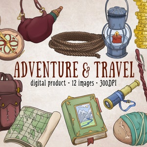 Travel Adventure Clipart, Lantern Clipart, Compass Clipart, Travel Digital Scrapbooking, Gold Coin Clipart, Adventure Fantasy