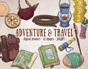 Travel Adventure Clipart, Lantern Clipart, Compass Clipart, Travel Digital Scrapbooking, Gold Coin Clipart, Adventure Fantasy
