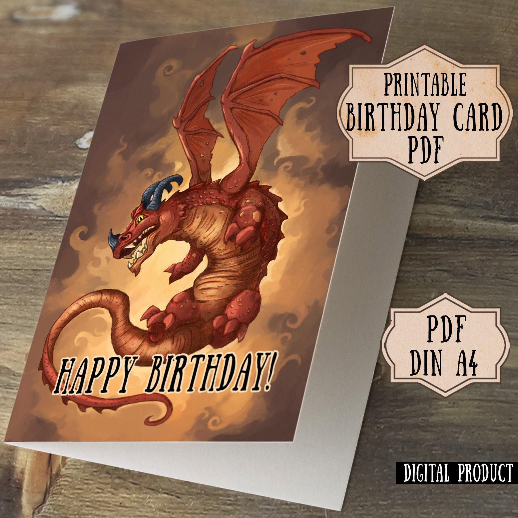 Red Dragon Birthday Card, Dragon Birthday Printable, Nerdy Dragon