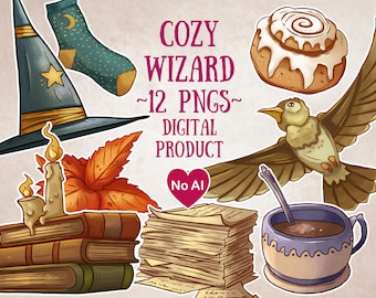 Cozy Wizard Clipart Set - Hand Drawn Digital Art for Wizardry Scrapbooking, Cozy Crafts, Wizardry Decor, DnD Journal, DnD Wizard Character