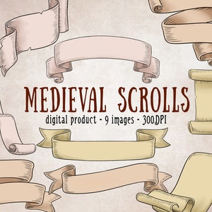 Stampabile Banner Clipart, Bunting Digital Scrapbooking, Medieval Paper Clipart, Fantasy Scroll Digital Clipart Set, Digital Banner Deco Set