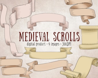 Printable Banner Clipart, Bunting Digital Scrapbooking, Medieval Paper Clipart, Fantasy Scroll Digital Clipart Set, Digital Banner Deco Set
