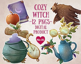 Cozy Witch Clipart Set - Witchy Scrapbooking Witch DnD Journal - Whimsical Witchy Journal Witch Scrapbooking - Green Witch Art Printables
