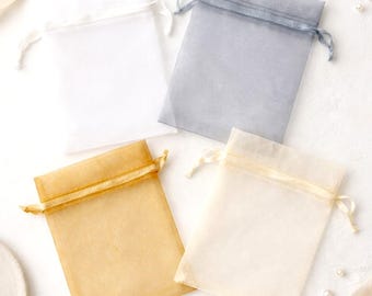 Neutral Organza Wedding Favour Bags, White, Ivory, Gold, Silver Grey Drawstring Pouches