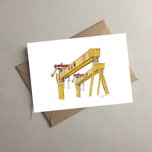 Carte de vœux Samson et Goliath | Harland et Wolff | Monument emblématique de Belfast Irlande du Nord | Industrie du transport maritime | Grues | Horizon