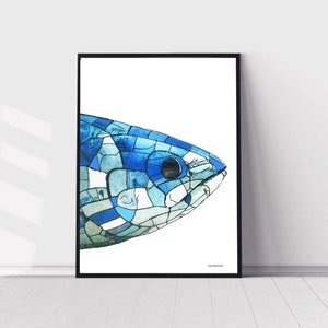 May include: A blue and white watercolour illustration of a fish with a mosaic pattern. The fish's eye is visible and the illustration is framed in a black frame.
