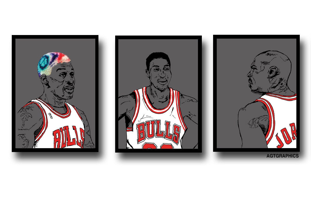 Threepeat Bulls Tshirt Michael Jordan, Scottie Pippen, Dennis Rodman