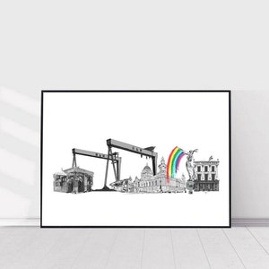 Belfast Skyline | HOPE | Harland and Wolff | Landmarks Northern Ireland | City Hall | Belfast Cranes | Beacon of Hope | Crown Bar | Poster