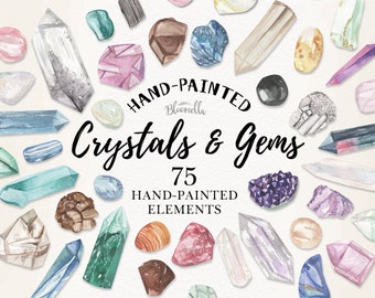 75 Crystals Gemstones Watercolour Clipart Elements - Gems Pretty Hand Painted INSTANT DOWNLOAD Stones Healing Watercolor PNGs DIY Digital