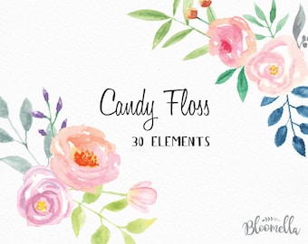 Watercolour Floral Clipart - Candy Floss Collection - Hand Painted INSTANT DOWNLOAD Summer Elements & Individual PNGs Jewel Flowers digital