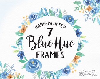 7 Floral Clipart Blue Hue Watercolor Frame - Hand Painted Summer Spring INSTANT DOWNLOAD PNGs Flower Leaf Wreaths Borders Flower Digital