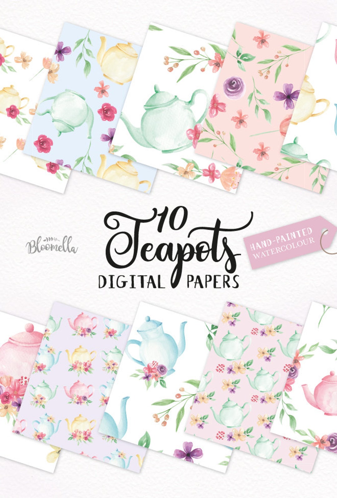 Teapot Digital Papers Watercolor Floral Flower Patterns Hand Painted ...