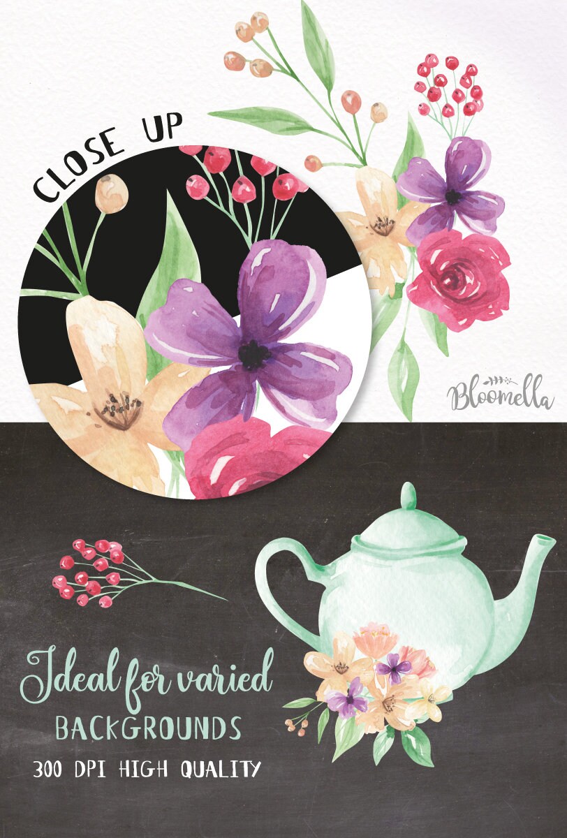Create Your Own Floral Teapots Watercolor Flowers Tea Pots Etsy