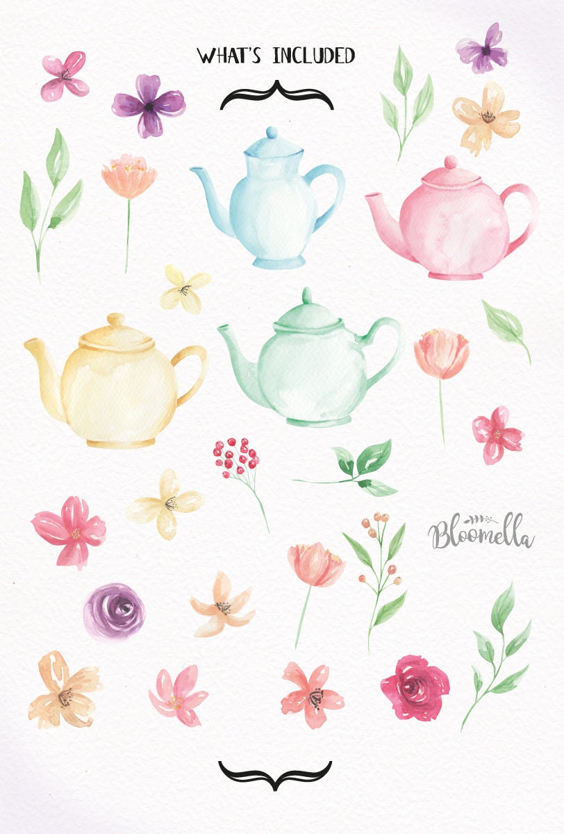 Create Your Own Floral Teapots Watercolor Flowers Tea Pots Etsy