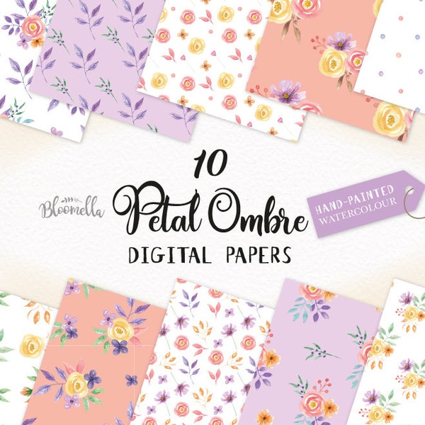 Flower Patterns Petal Ombre Digital Papers - Hand Painted INSTANT DOWNLOAD Wedding Purple Seamless Scrapbook Peach PNG Coral Leaves Leaf