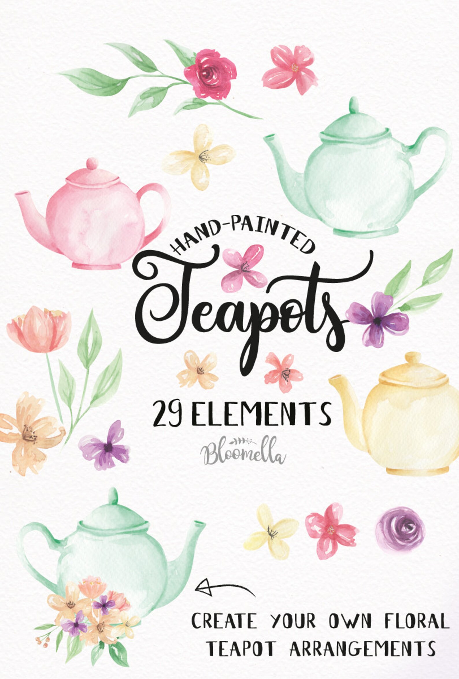 Create Your Own Floral Teapots Watercolor Flowers Tea Pots Etsy