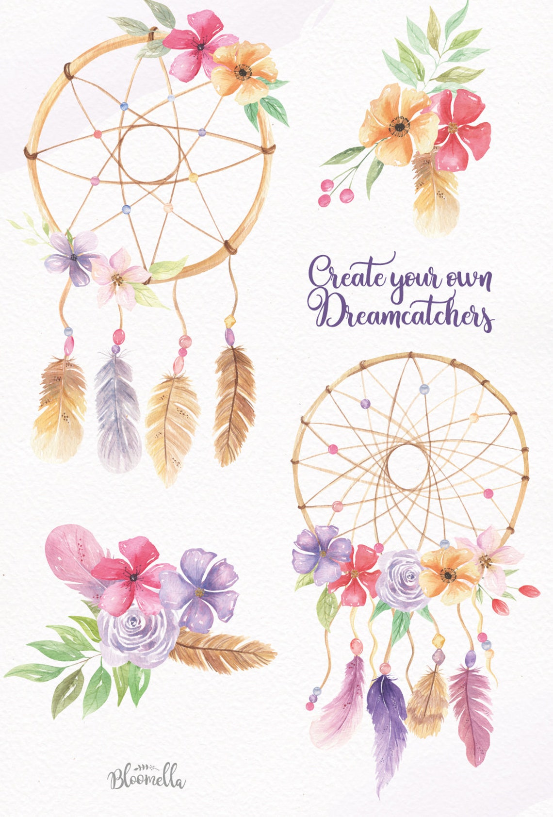 Create Your Own Dreamcatchers Boho Watercolor Feathers Etsy