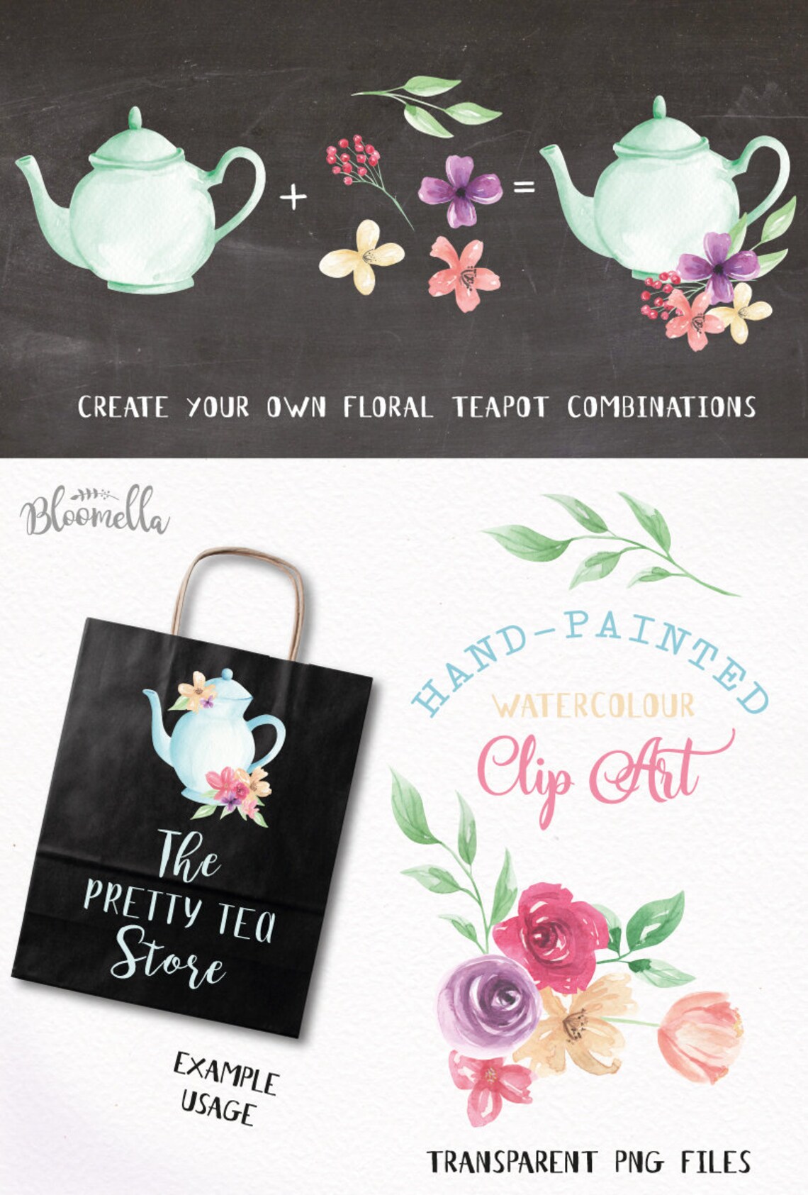 Create Your Own Floral Teapots Watercolor Flowers Tea Pots Etsy