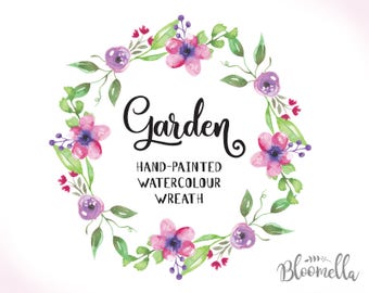 Watercolour Flower Wreath Clipart - Garden Hand Painted INSTANT Download - Pink PNG & JPEG Floral Green Leaves Digital Art Pretty Garland