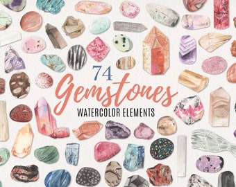 Gemstones 74 Watercolour Clipart Elements - Gems Pretty Hand Painted INSTANT DOWNLOAD Stones Crystals Healing Watercolor PNGs DIY Digital