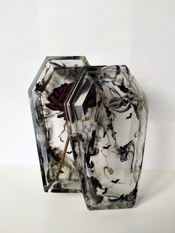 Transparent coffin box for jewelry gothic home decor with bats