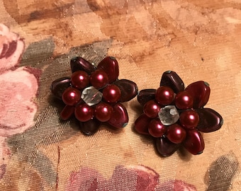 Vintage Maroon Flower Earrings marked JAPAN