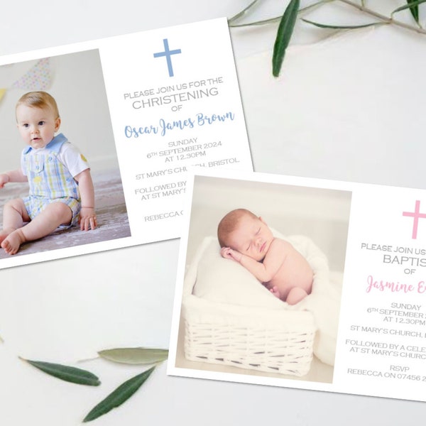 Personalised Photo Christening/Baptism Invitations inc. envelopes - Flat Style - Baby/Child/Boy/Girl