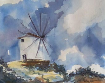 petite aquarelle :"mon moulin dans le vent "