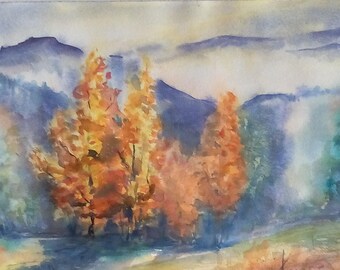 aquarelle de 40 par 50 centimètres:" matin d'automne sous la brume"