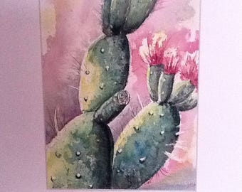 "cactus":aquarelle encadrée d'un passe-partout de 30 par 40 centimètres