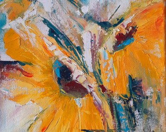 Huile aux couteaux : "tournesols" sur châssis 20/20cm