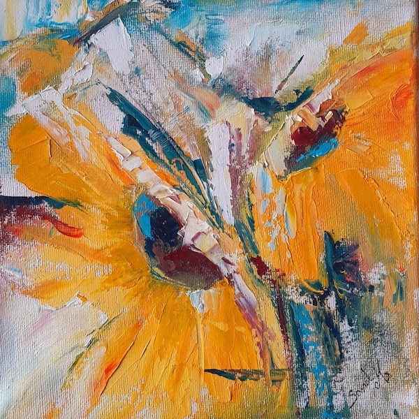 Huile aux couteaux : "tournesols" sur châssis 20/20cm