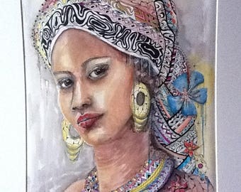 portrait à l'aquarelle :"le gele "ou" le foulard"