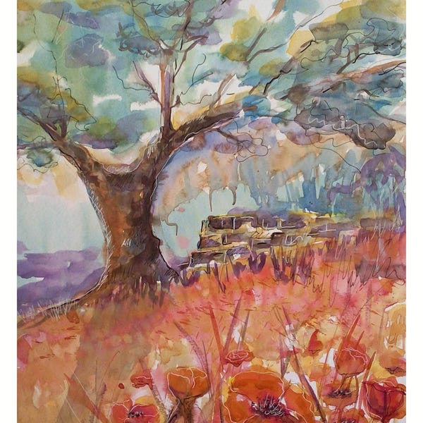 aquarelle originale et unique :"dans les coquelicots".