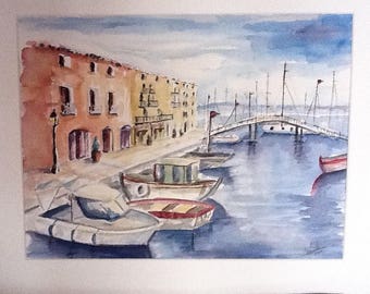 "port du Var": aquarelle encadrée d'un passe-partout blanc