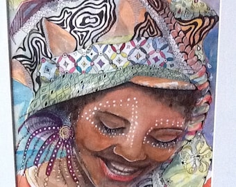 Couleurs d'Afrique  : c'est un portrait à l' aquarelle et multi-technique