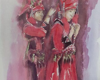 aquarelle d'après une oeuvre de Liu Yi: "les costumes rouges".