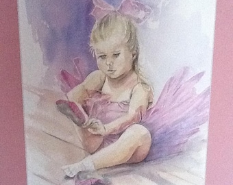 "petite ballerine": aquarelle encadrée d'un passe-partout rose de 40 par 50 cm