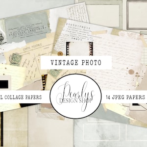 Pacote de colagem de fotos vintage, download digital, folhas de recorte de diário de lixo, etiquetas, cartões de diário, enfeites