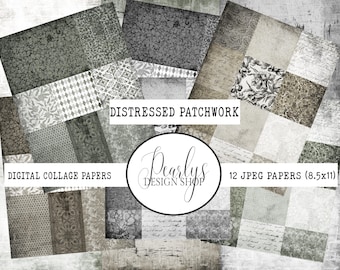 Distressed Patchwork - digital collage paper - vintage ephemera - tear sheets - background pages - for journals, scrapbooking, mixed media