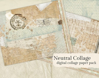 Pack de collages neutres, téléchargement numérique, feuilles détachables de journal indésirable, étiquettes, cartes pour carnet, embellissements