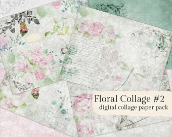 Floral Collage Pack #2, Téléchargement numérique, Junk Journal Tear sheet, Tags, Cartes journal, Embellissements