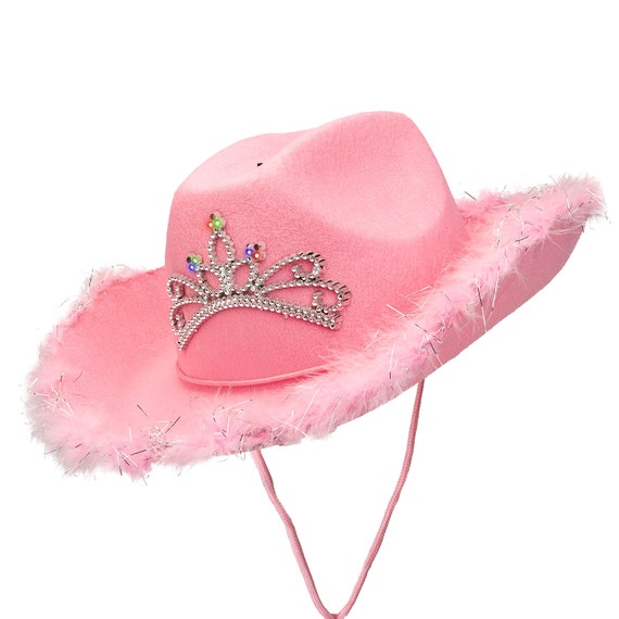 Rosa Hell-up CowboyHut mit Tiara und Federn, Rosa Cowgirl Hut mit